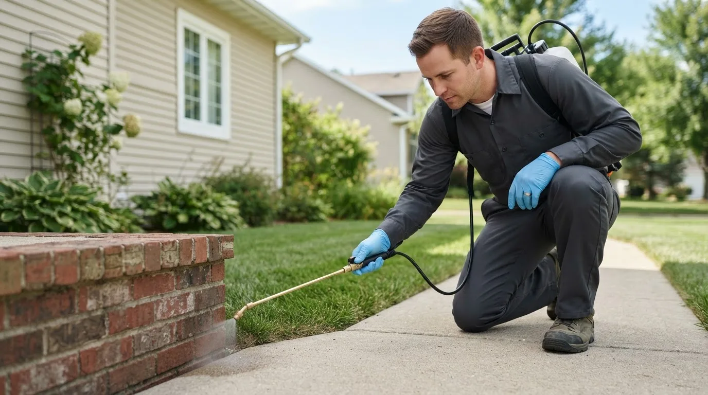 Pest control technician treating a home near Groveland, IL